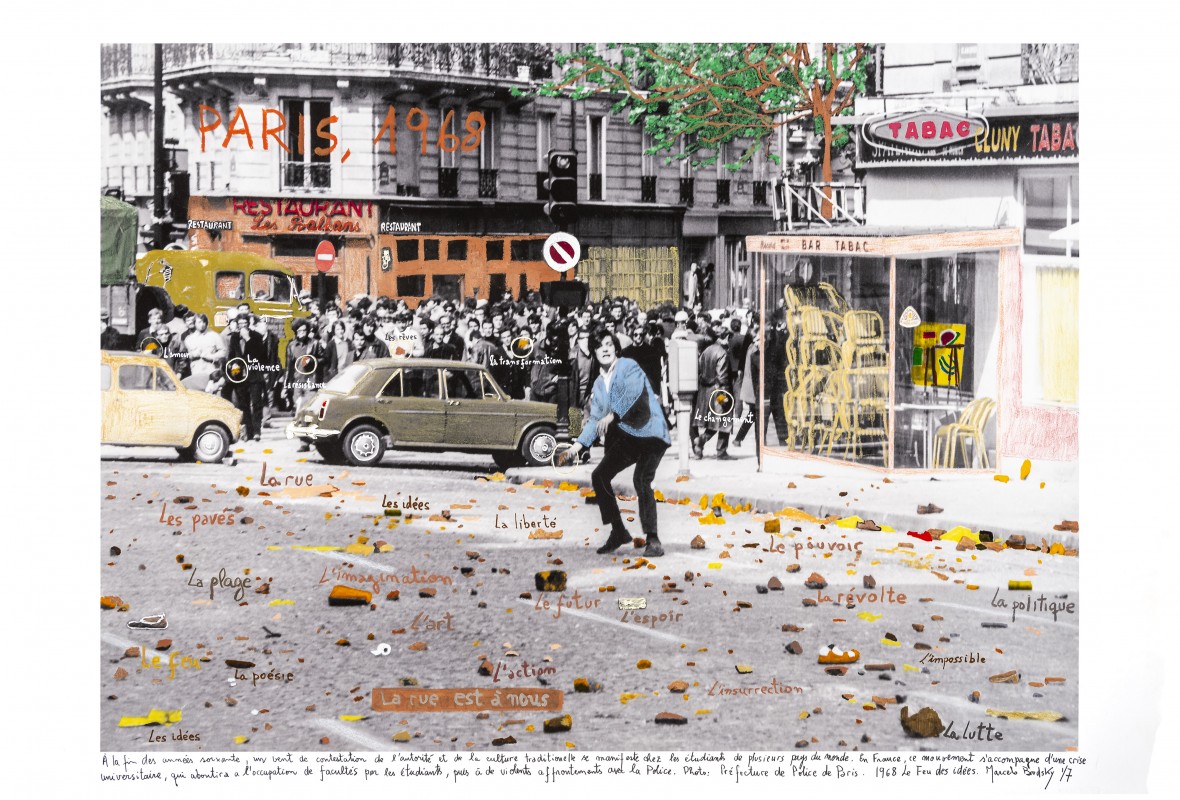 Marcelo Brodsky, 1968, El fuego de las Ideas, París, 1968, fotografía de archivo en B&N (Paris Police Archive,1968) interv. con txts a mano por M Brodsky, 2018, medidas variables, edición 7 + 2AP